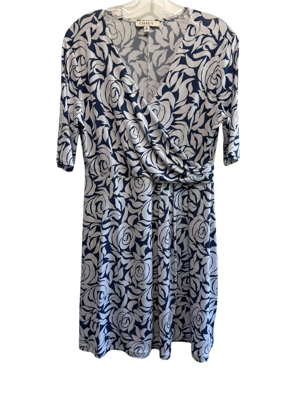 Chaus Navy and White Floral Faux-Wrap Dress v-neck, elbow length sleeves large